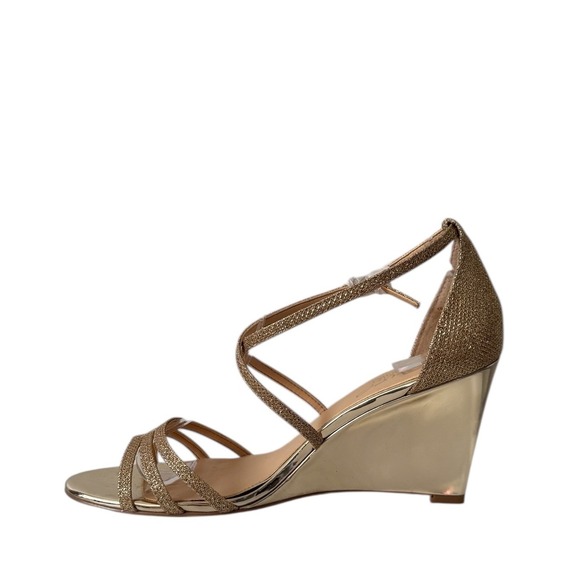 Jewel Badgley Mischka Hunt Wedge Sandals Ankle Strap 8.5 Metallic Gold Glitter - Picture 4 of 11